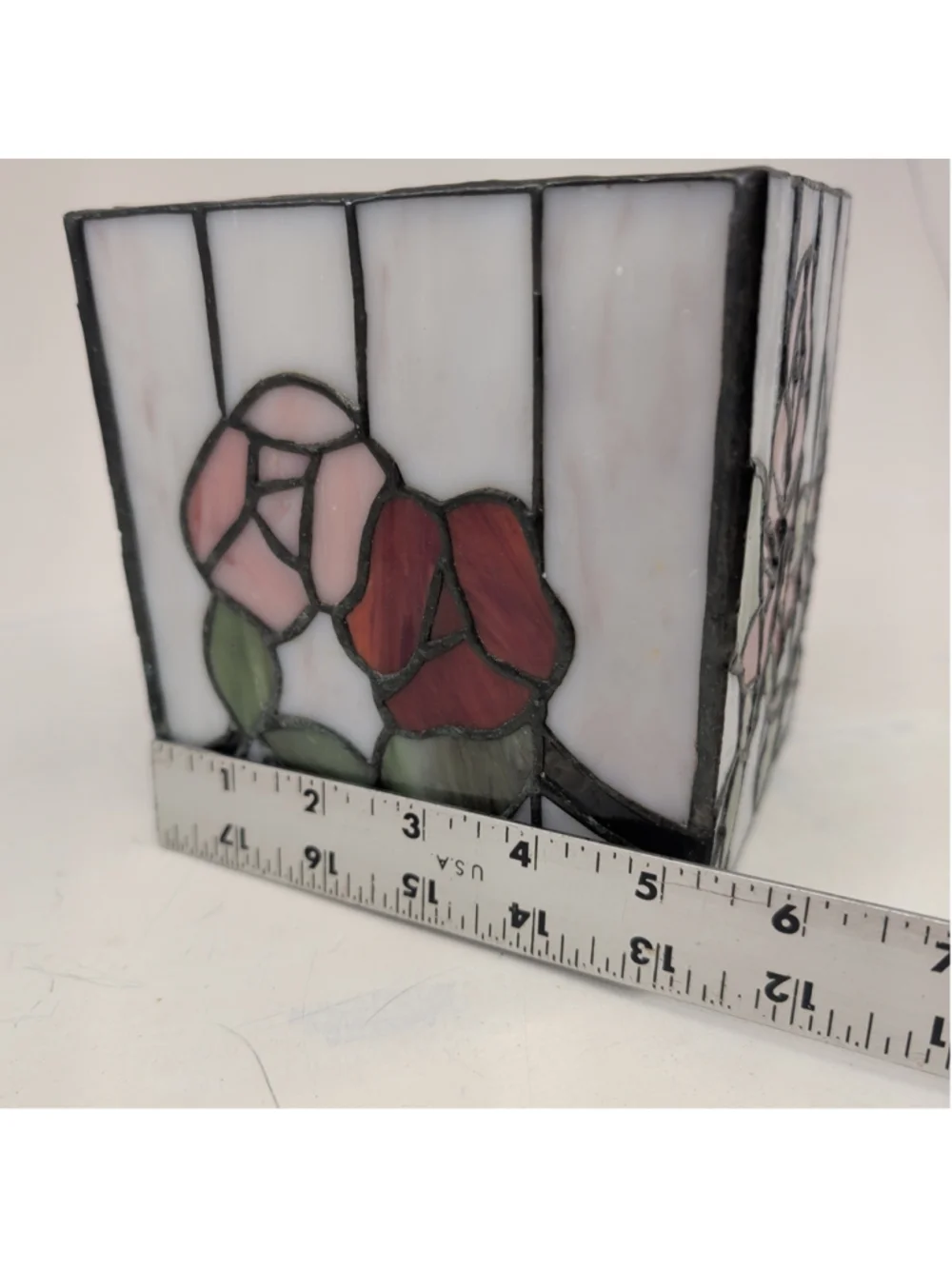 Stained glass floral rose square tissue box holder